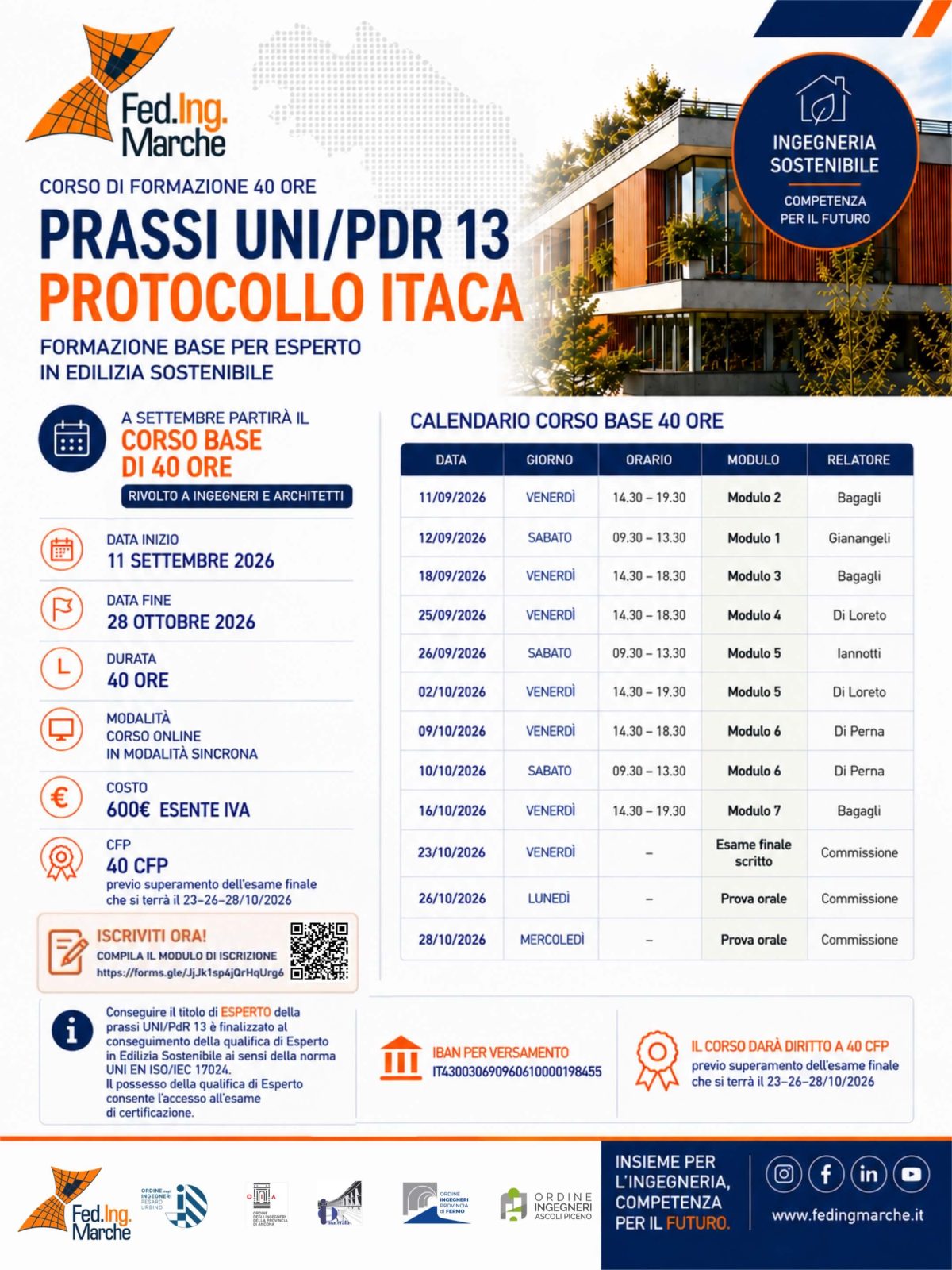 Locandina del corso online di formazione UNI/PdR 13 – Protocollo ITACA di 40 ore, organizzato dalla Federazione degli Ordini degli Ingegneri delle Marche.
