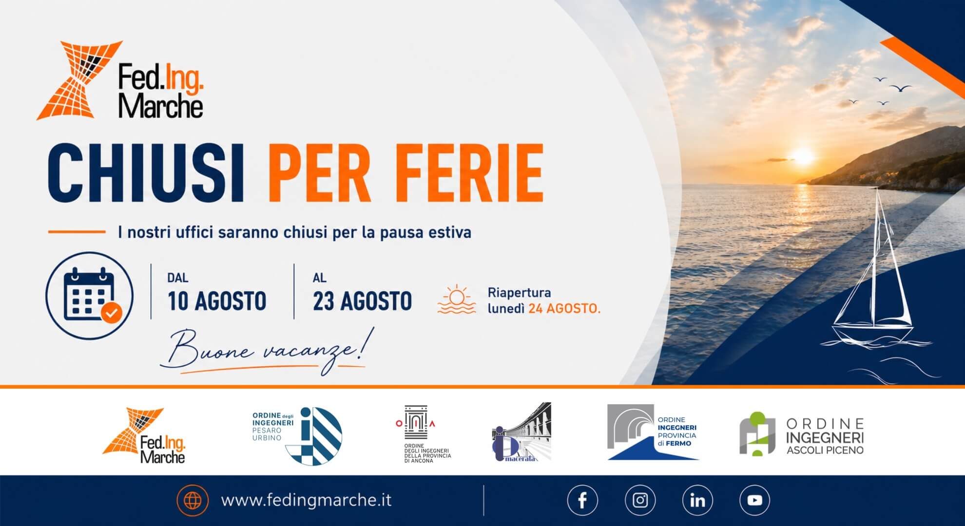 Chiusura estiva Federazione degli Ordini degli Ingegneri delle Marche dal 10 al 23 agosto 2026